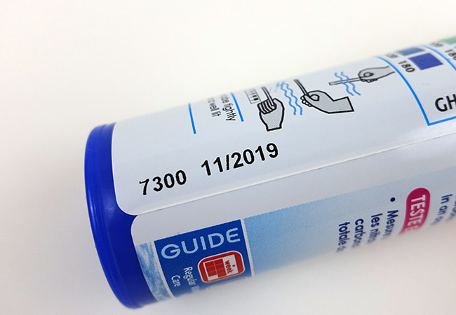 Expiration date for aquarium test strips on side of packaging