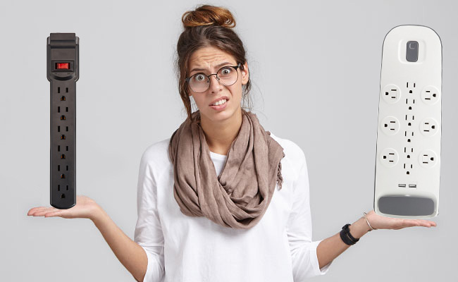 Woman comparing two power strips to use with her aquarium