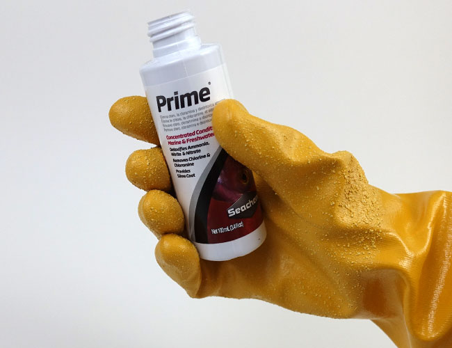 Opening the lid on a bottle of Seachem prime water conditioner with aquarium glove