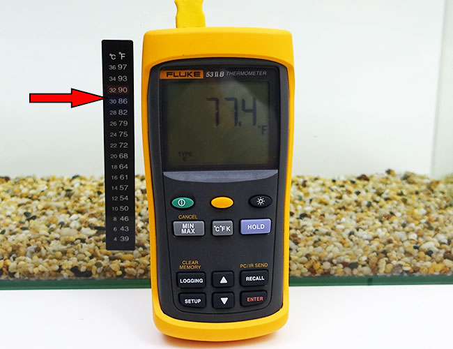 Inaccurate adhesive thermometer strip on aquarium compared to calibrated Fluke thermometer probe