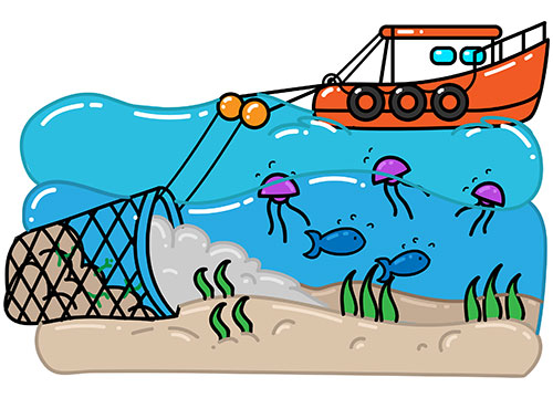 Destructive fishing boat using drag net