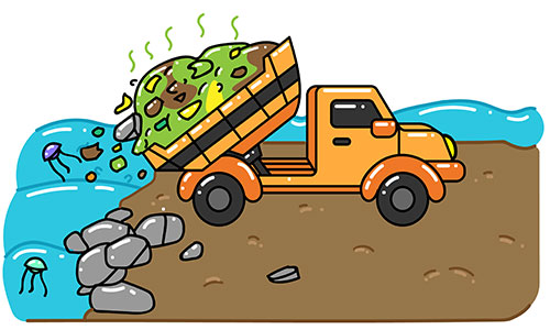 Dump truck emptying rubbish and trash into ocean