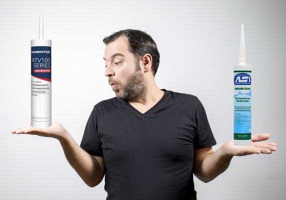 Man comparing an adhesive to silicone to use on his aquarium