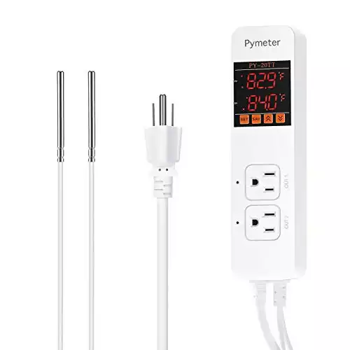 Pymeter Digital Temperature Controller Dual Probe Reptile Thermostat Controlled Outlet for Terrarium Heat Mat Heating Pad, Switch Cooling Fan Freezer Fridge ON & Off at Setpoints 10A 1200W