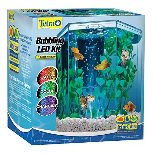 Tetra Bubbling LED Aquarium Kit 1 Gallon, Hexagon Shape, With Color-Changing Light Disc,Green (Packaging may vary) , 1 gallon (7.5 x 7.5 x 7.7")