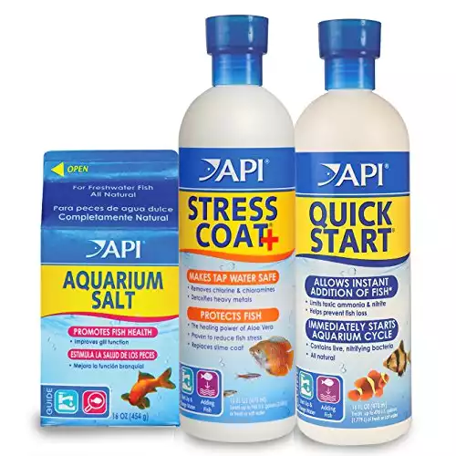 API Aquarium Starter Bundle Pack: One (1) API Quick Start 16 oz., one (1) API Stress Coat 16 oz., one (1) API Aquarium Salt 16 oz.