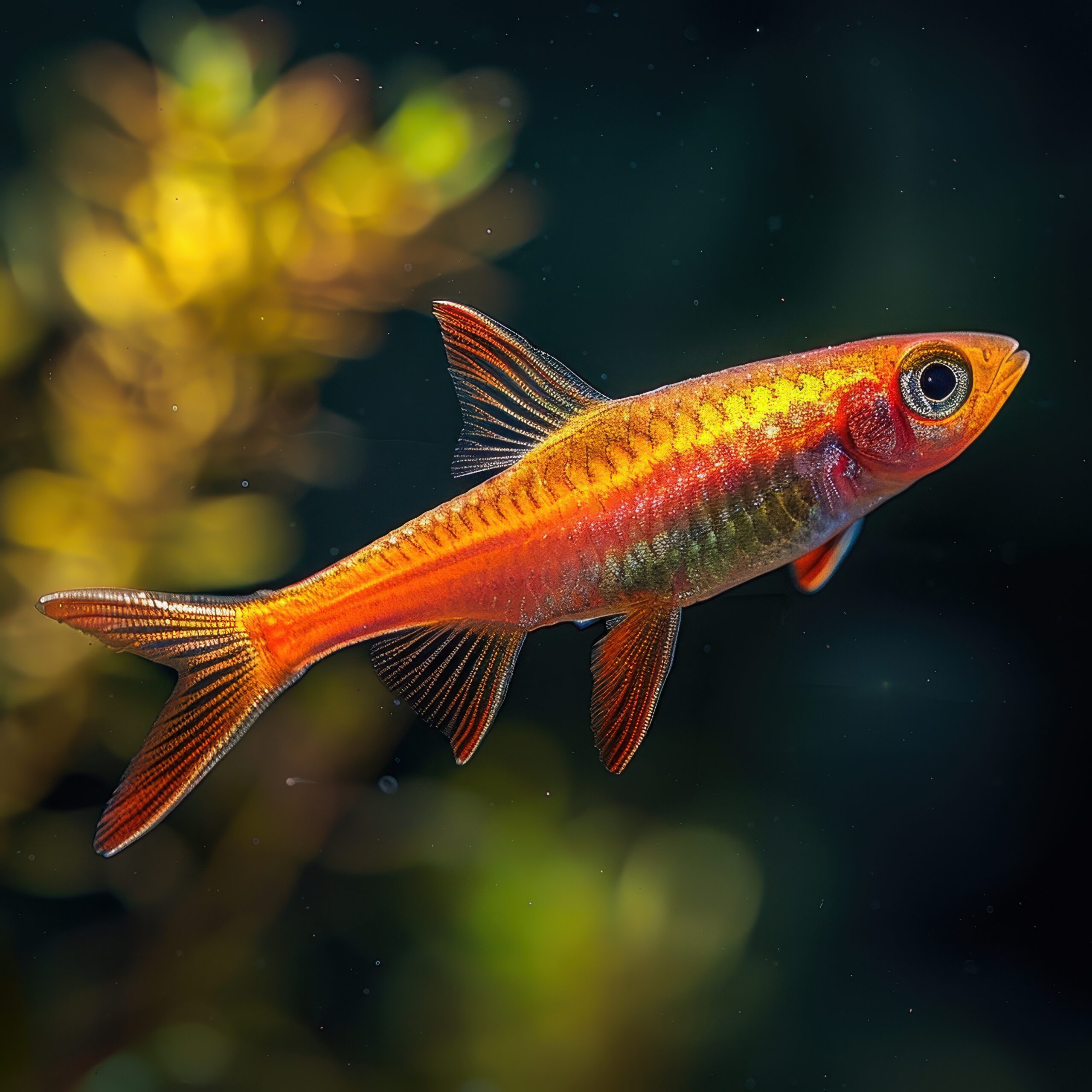 Vivid Macro Close-up of Chili Rasbora Fish with Brilliant Red Color and Delicate Fins Under Natural Light