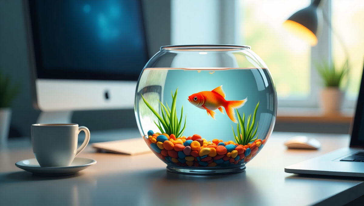 Goldfish in glass bowl on modern office desk with coffee cup and laptop. Bright daylight, indoor plants, relaxing workplace atmosphere, clean interior, colorful pebbles, creative workspace, productivi