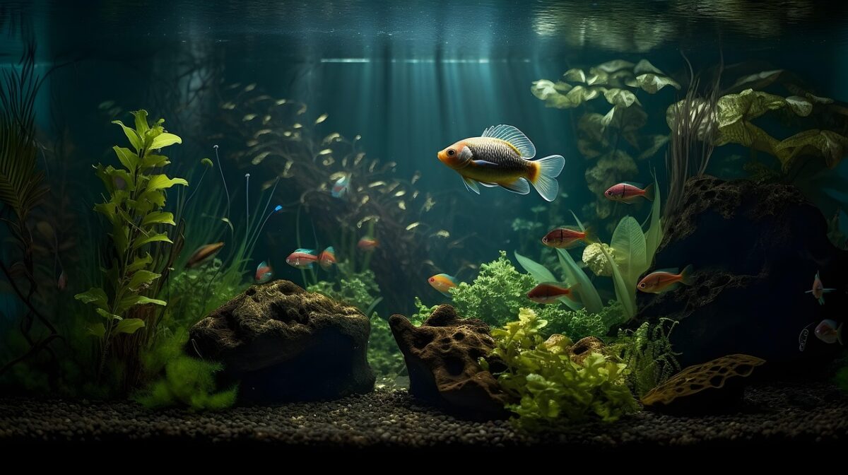 Fish in tank with peaceful, calming light.