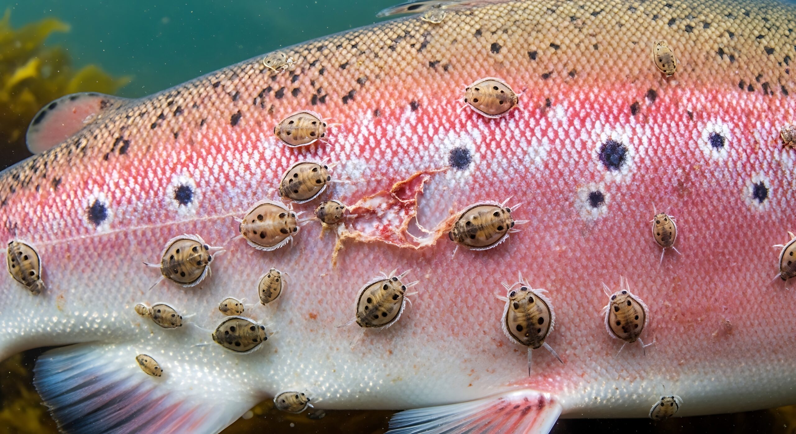 Fish Lice on fin Close up of a rainbow trout covered in sea lice parasites underwater.