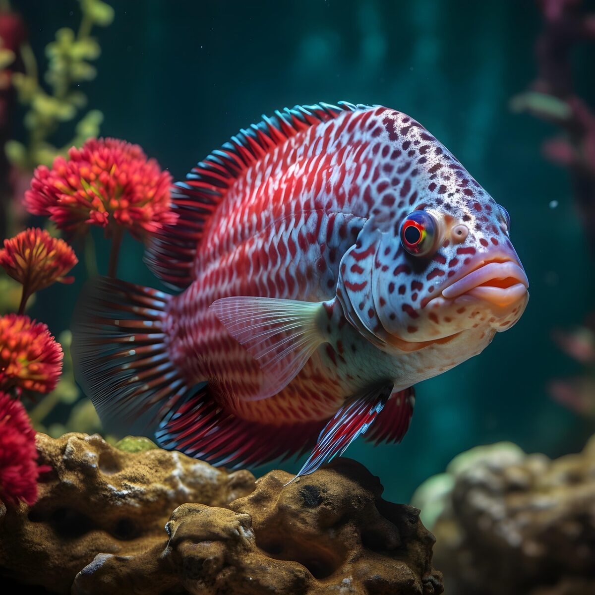 A Flowerhorn cichlid.